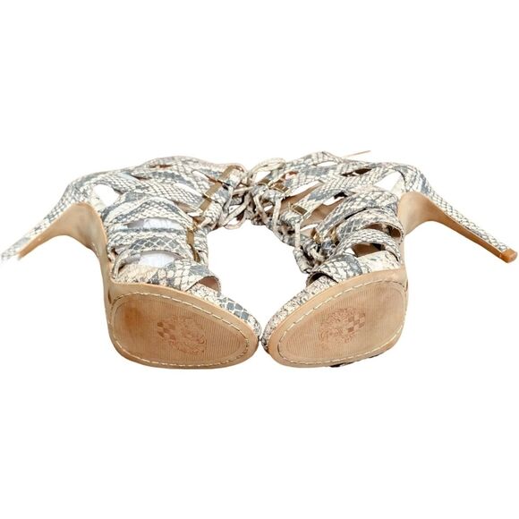 Vince Camuto Snakeskin Print Gladiator Heels With Zipper, 6.5M, Black/White/Tan - Picture 3 of 12